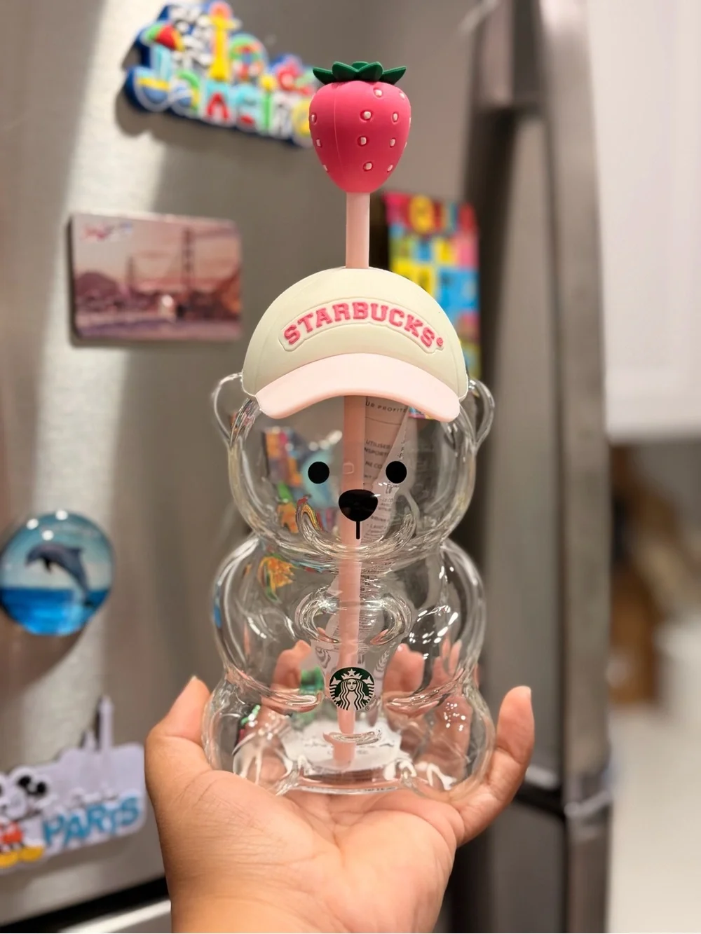 Starbucks Clear Bear Tumbler with Pink Straw and Strawberry Top